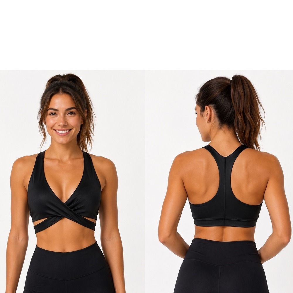 GapFit Medium  Impact Sports Bra Black Wrap Front Racerback M Activewear 104-82
